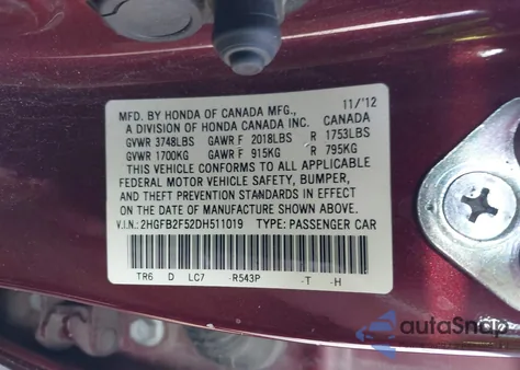 2013 Honda Civic Lx z USA, uszkodzony, nr VIN 2HGFB2F52DH511019